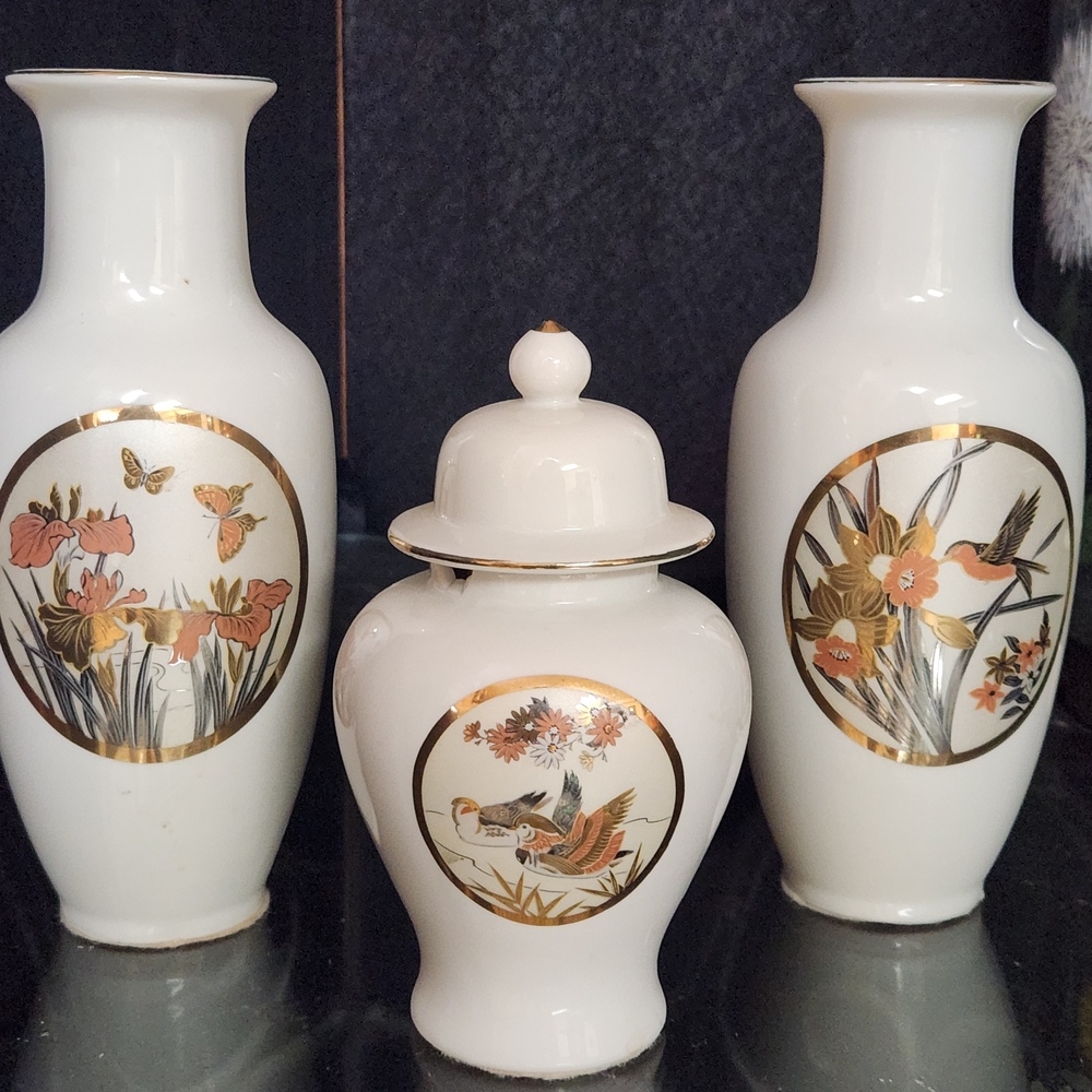 White Porcelain Floral & Bird Ginger Jar Set with Gold Accents